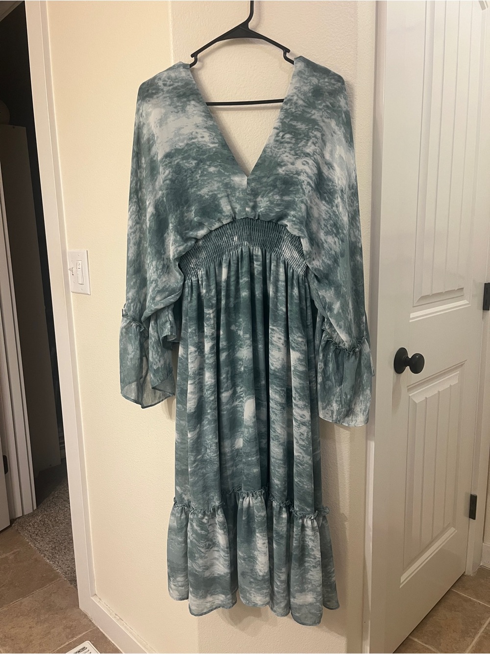 HYFVE Teal and White Tie-Dye Long Sleeve Dress